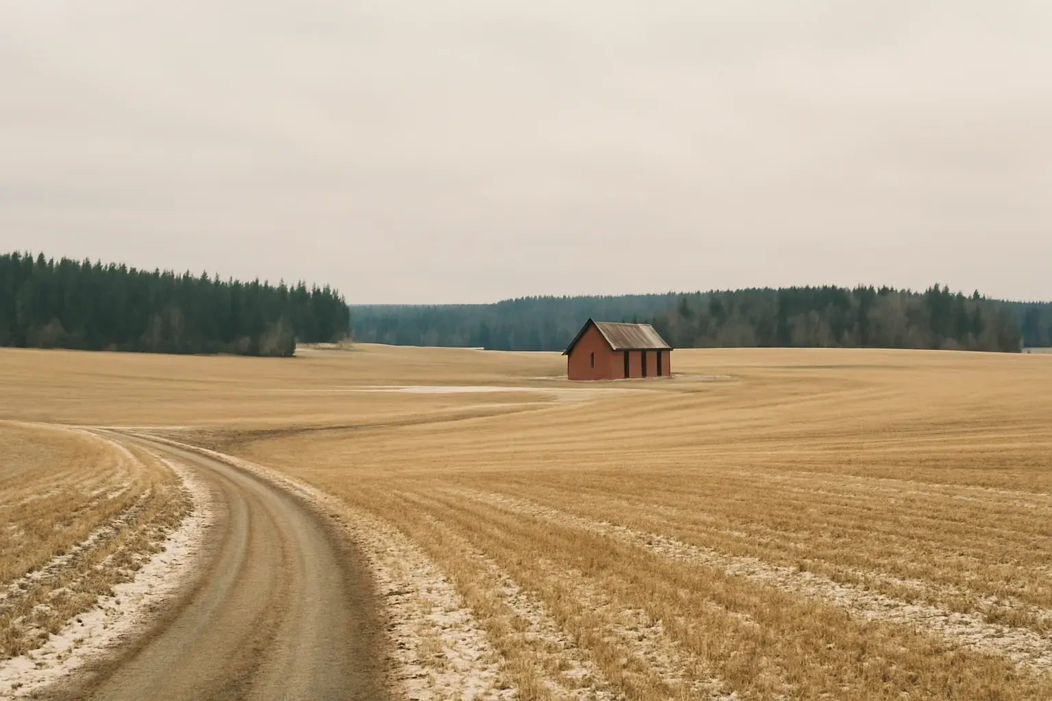 Open Romerike landscape in grey daylight.