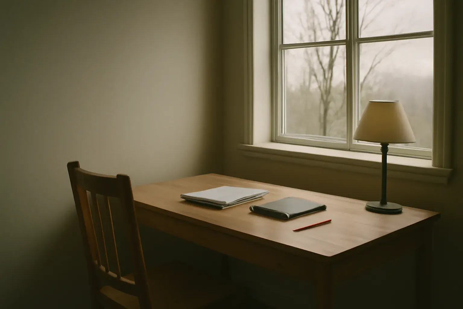 A desk in daylight at the Maura office.