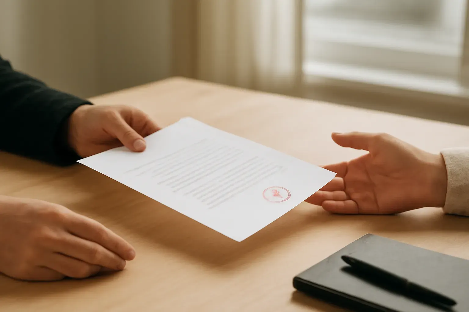 A document passed across a desk.